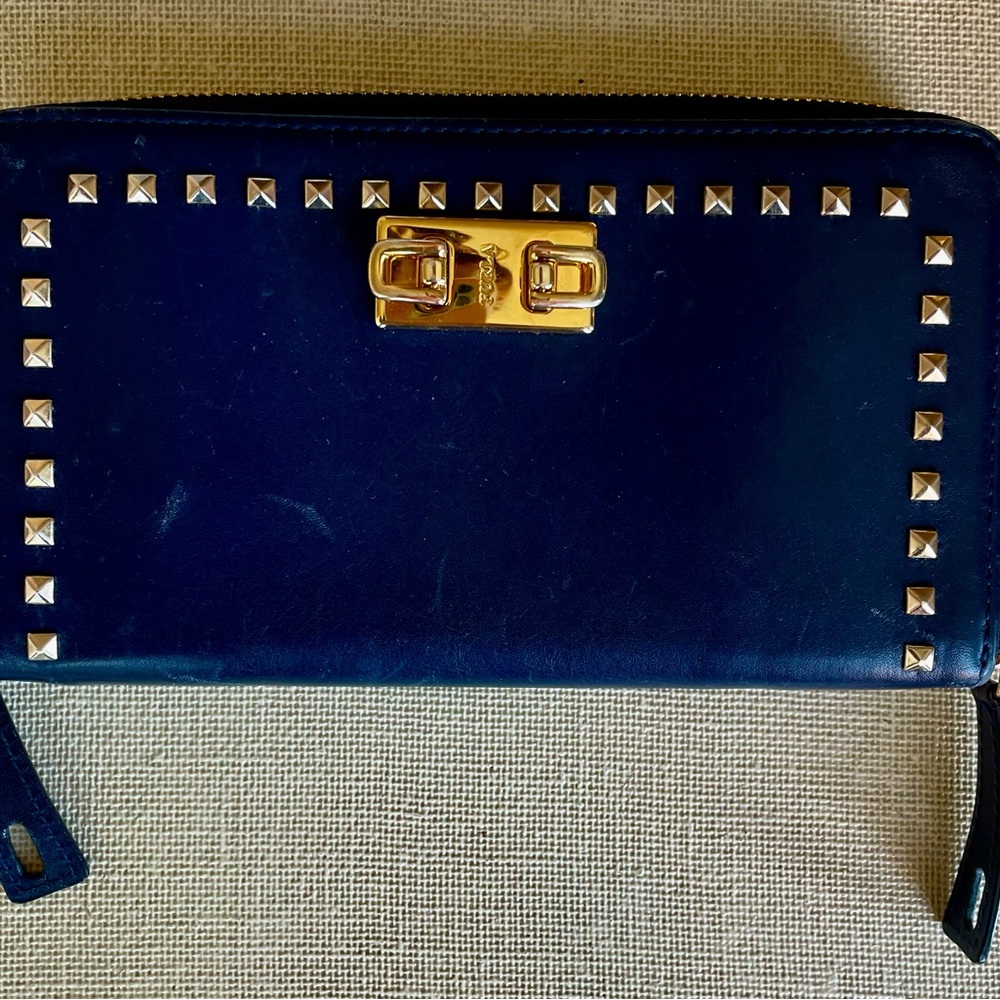 Furla Made in Italy Studded Zip Wallet Navy Leather Wallet with Gold Studs